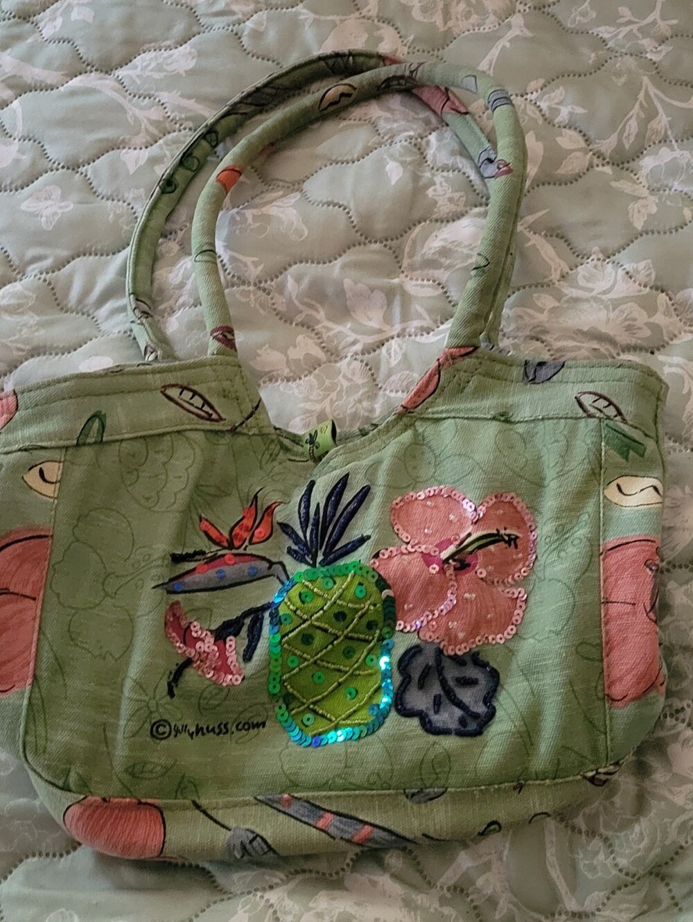 Sally Huss Green Sequin Pineapple Embellished Tote Bag Sally Huss Green Canvas T